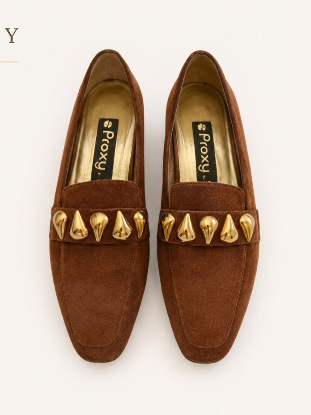 Proxy Brown Suede Gold Studded Loafers Art Deco Flats Women’s 7.5